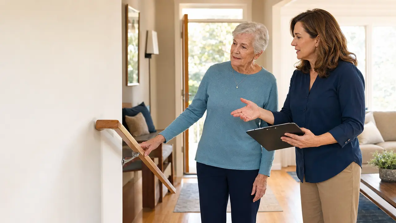 An older woman and a home assessor look together at a wooden handrail in her hallway.