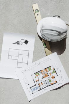 Flat lay of construction plans, keys, hard hat, and level tool on concrete.